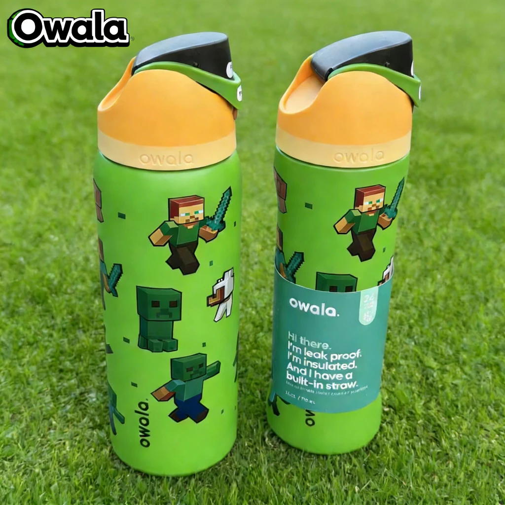 （มีให้เลือกหลายประเภท）Owala freesip Minecraft 16OZ/24oz/32oz ขวดน้ำเก็บความเย็น แถมซองคลุมแก้วและหลอดดื่มฟ