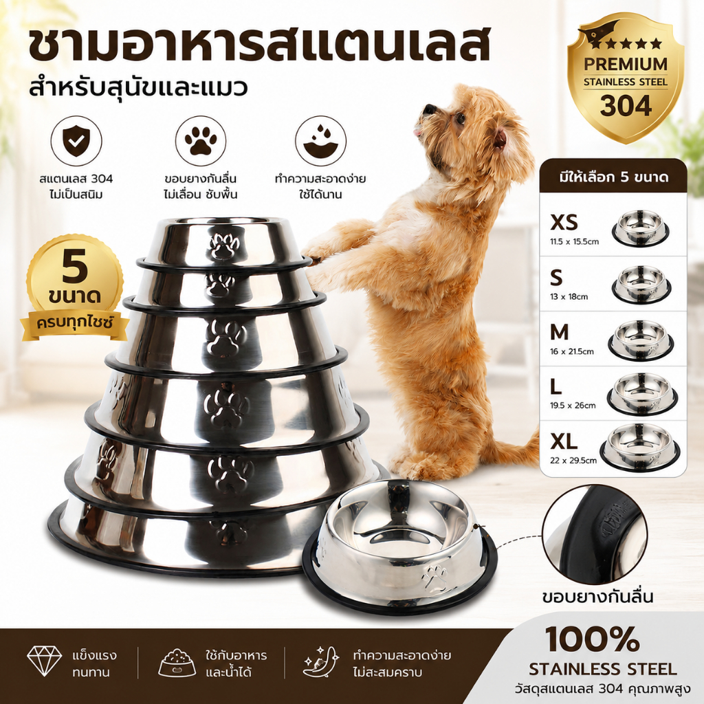 99PET ชามสเตนเลส ชามอาหารแมว ชามอาหารสุนัข ทนทานและไม่ลื่น
