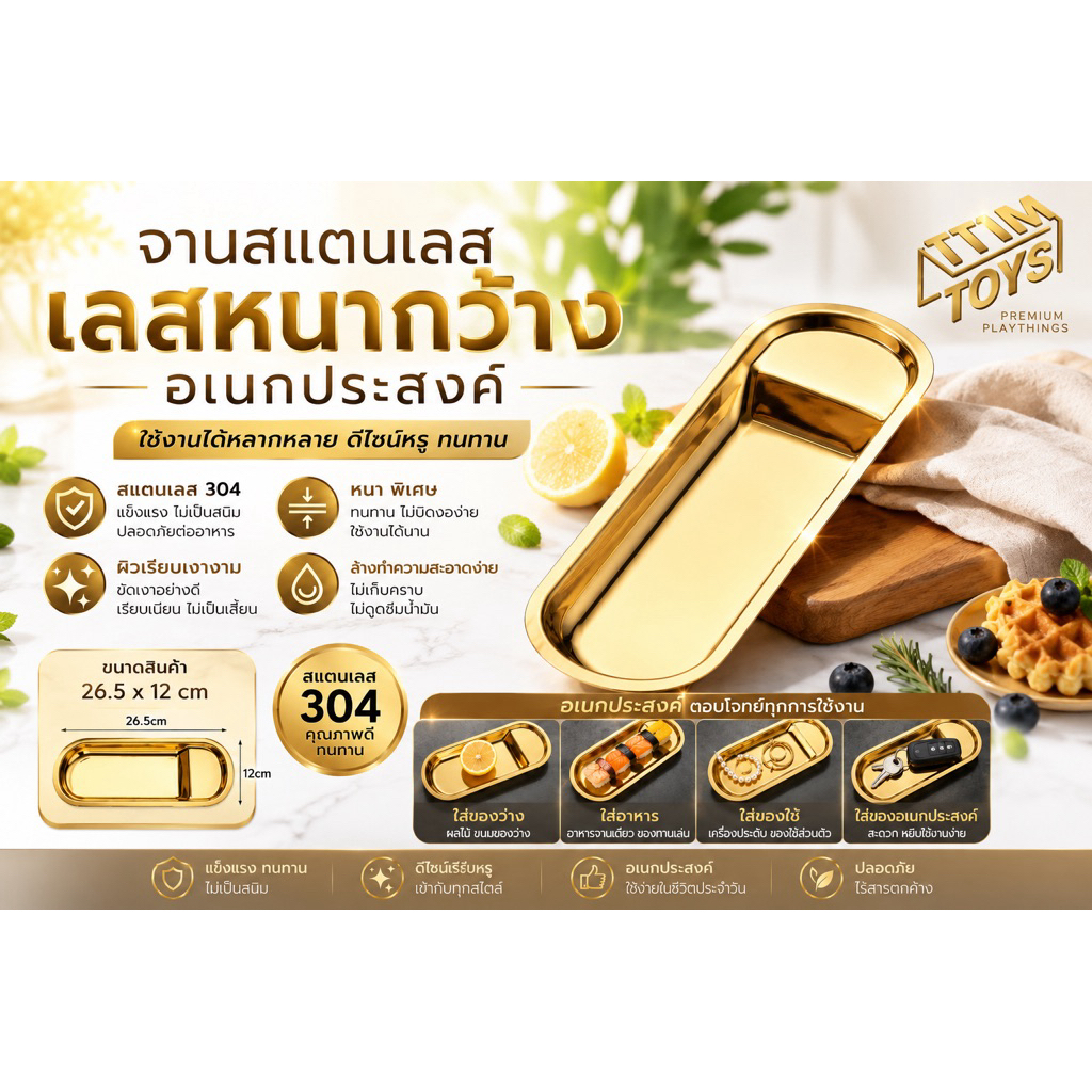 itimtoys ถาดสแตนเลส สีทอง รุ่นหนา ใส่ขนมใส่ของทานเล่น NF800
