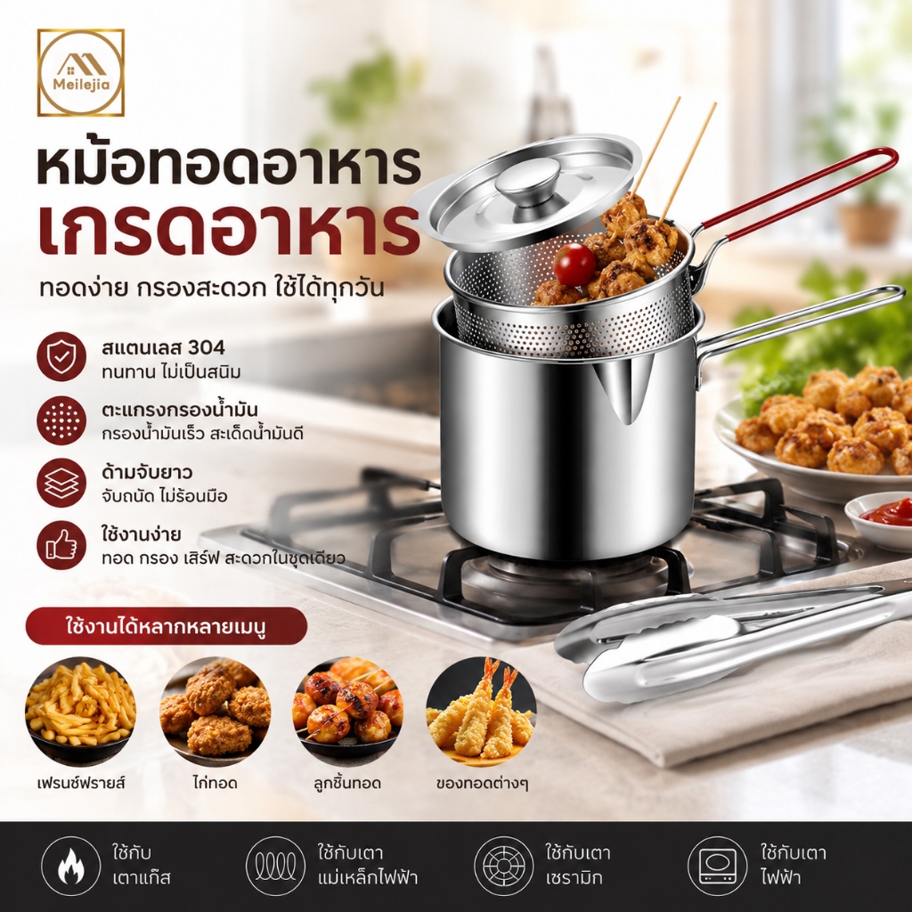 หม้อสแตนเลสทอดกรอบแบบพกพา ขนาดกระทัดรัด 14cm ใช้งานง่าย ประหยัดน้ำมัน เหมาะสำหรับทุกครัวเรือน
