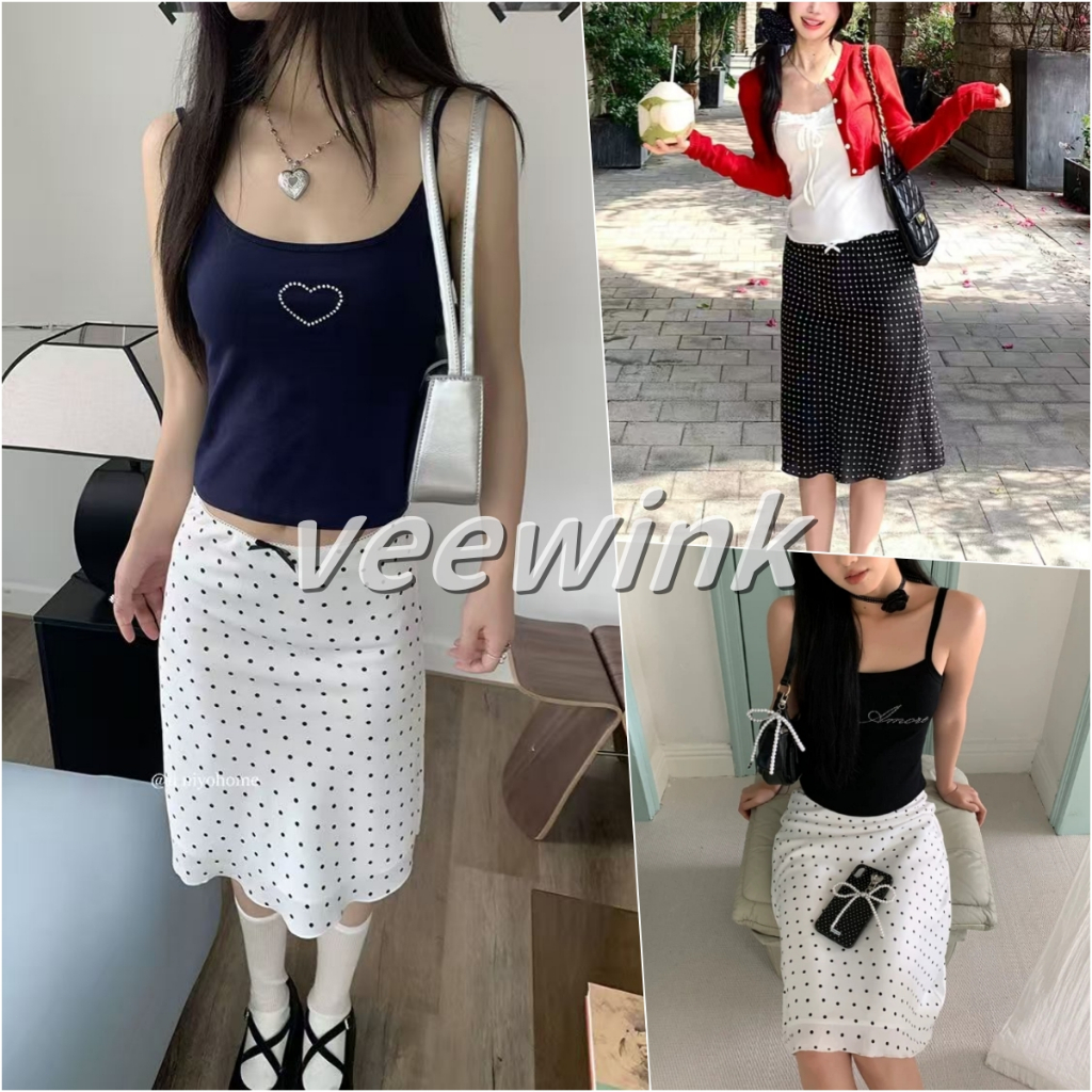 Veewink กระโปรงหางปลาลายจุดเอวต่ำ กระโปรงครึ่งตัว ลูกไม้ระบาย ทรงเข้ารูป เซ็กซี่ อินเทรนด์ สไตล์มิว