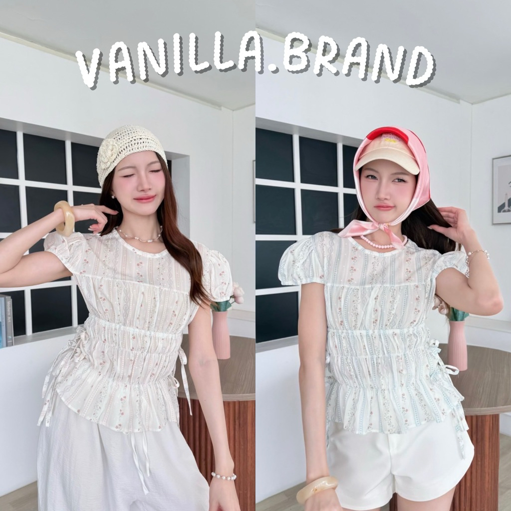 เสื้อคอกลม แขนพอง แต่งสม็อคผูกเอวข้าง -kn / VB0582