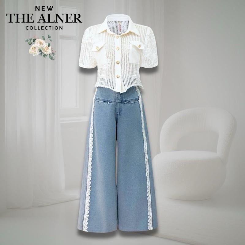 Thealner-AN128 (เซตเสื้อขาวคอปกแขนสั้นกางเกงยีนส์ขายาวแต่งขอบลูกไม้)
