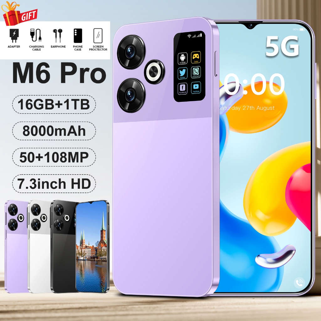 M6 Pro ทรศัพท์ Android 16GB + 1TB 7.3 นิ้วหน้าจอ 5G 8000mAh มาร์ทโฟน