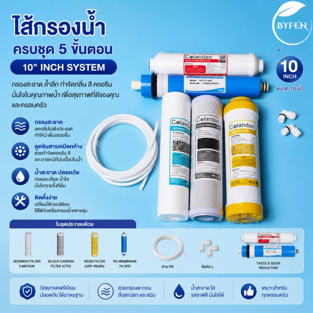 Colandas ชุดไส้กรองน้ำดื่ม 5ขั้นตอน (Resin) ไส้กรอง Unipure ระบบ RO 75GPD ครบชุดสายพร้อมข้อต่อ