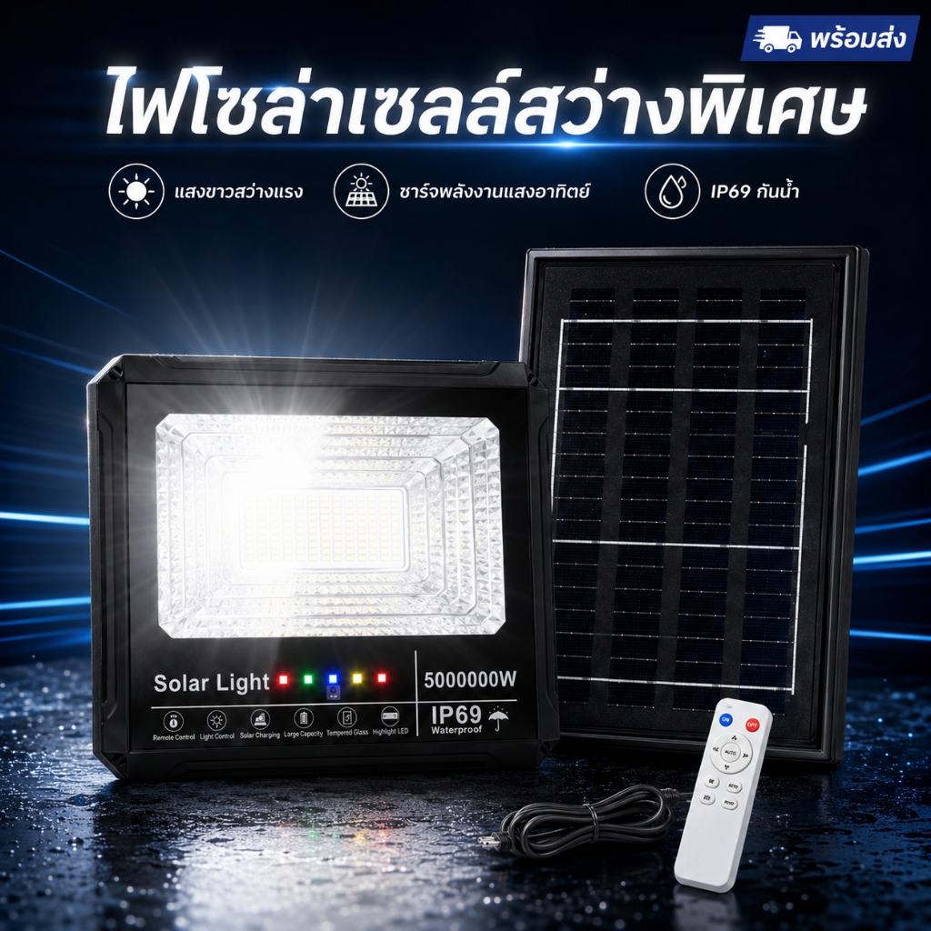 ซื้อ 1 แถม 4ไฟโซล่าเซลล์ 5000000W โซล่าเซลล์ ไฟสปอร์ตไลท์ LED IP69 solar light ไฟกลางแจ้งพลังงานแสงอาทิตย