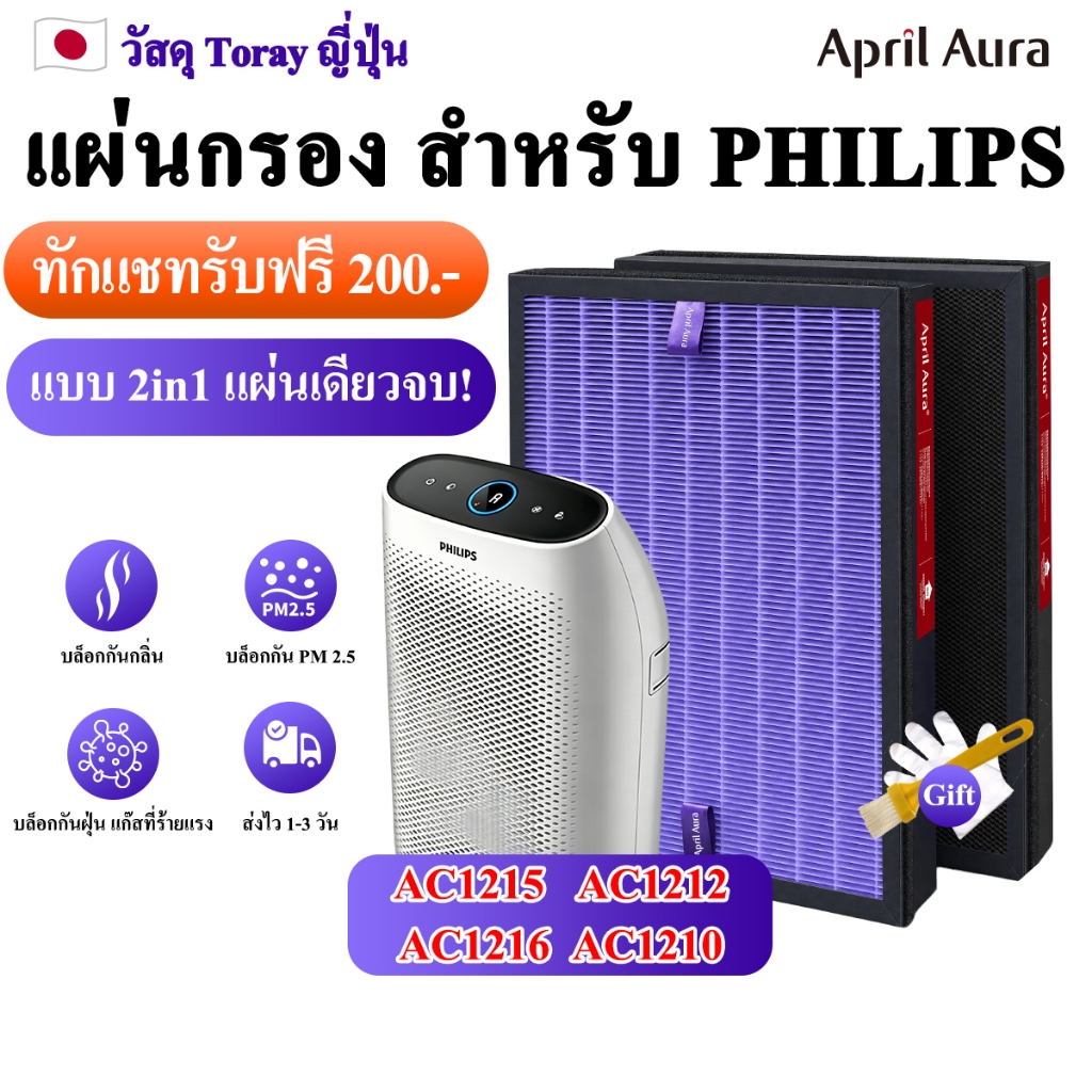 [2in1 แผ่นเดียวจบ] ไส้กรอง/แผ่นกรอง Philips AC1215 AC1212 (HEPA ม่วง + Carbon) ดับกลิ่น กรองฝุ่น PM2.5 แบรนด์ April Aura