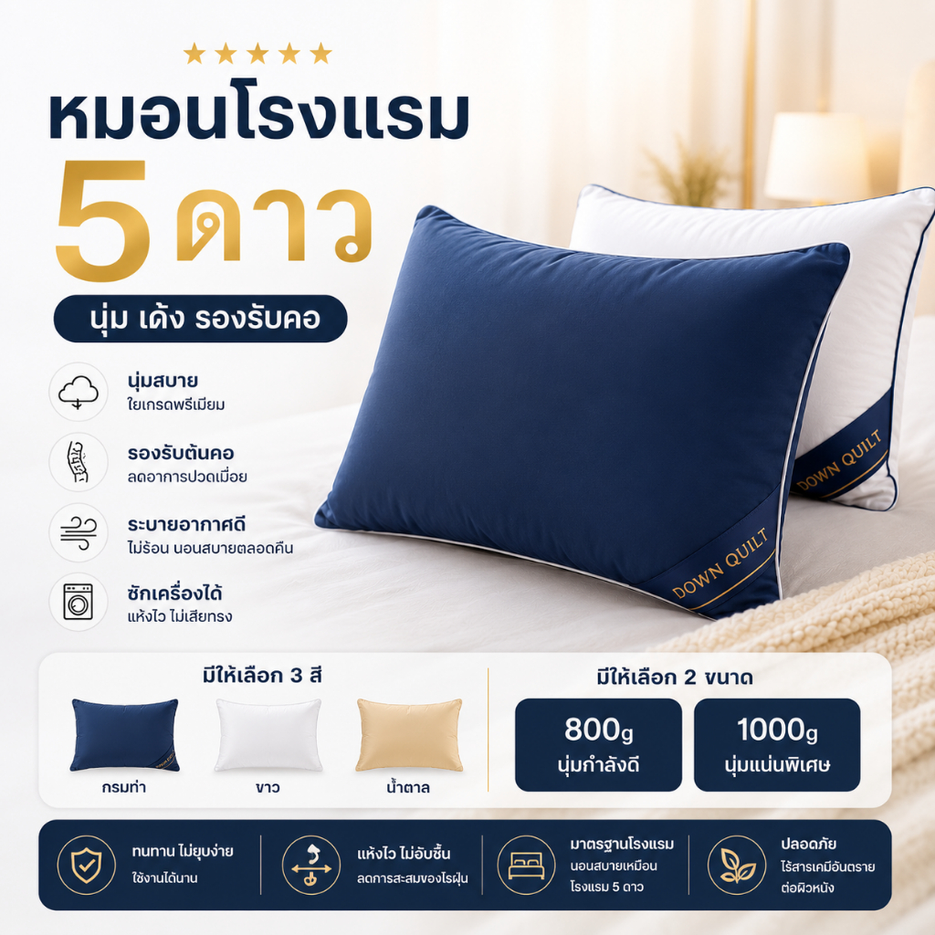 หมอนโรงแรม 5 ดาว เกรดพรีเมียม หมอนหนุน นุ่มเด้ง รองรับต้นคอ ซักเครื่องได้ ขนาด 48x74 ซ