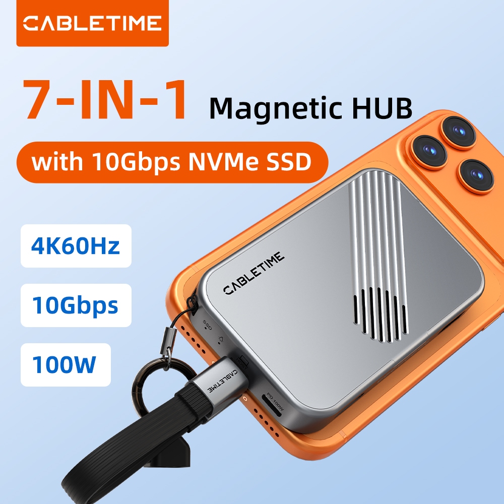 CABLETIME 7-IN-1 Magnetic USB-C HUB with 10Gbps NVMe SSD.