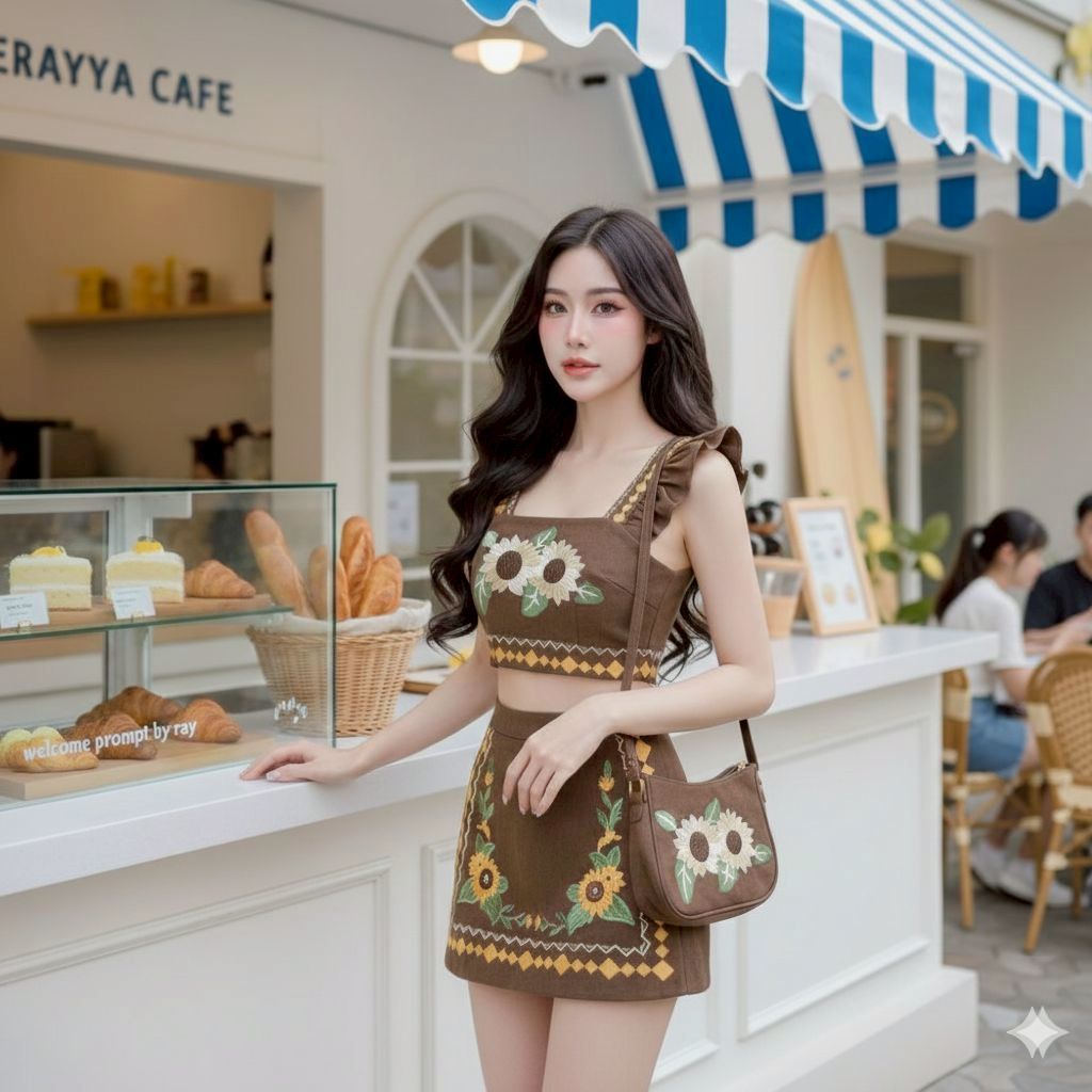 Chaaim Shop ❤️ CA413 ป้ายCher'Ann  เซ็ตเสื้อครอปแขนกุดระบายยีนส์น้ำตาล+กระโปรงสั้น(ซับในกางเกง)