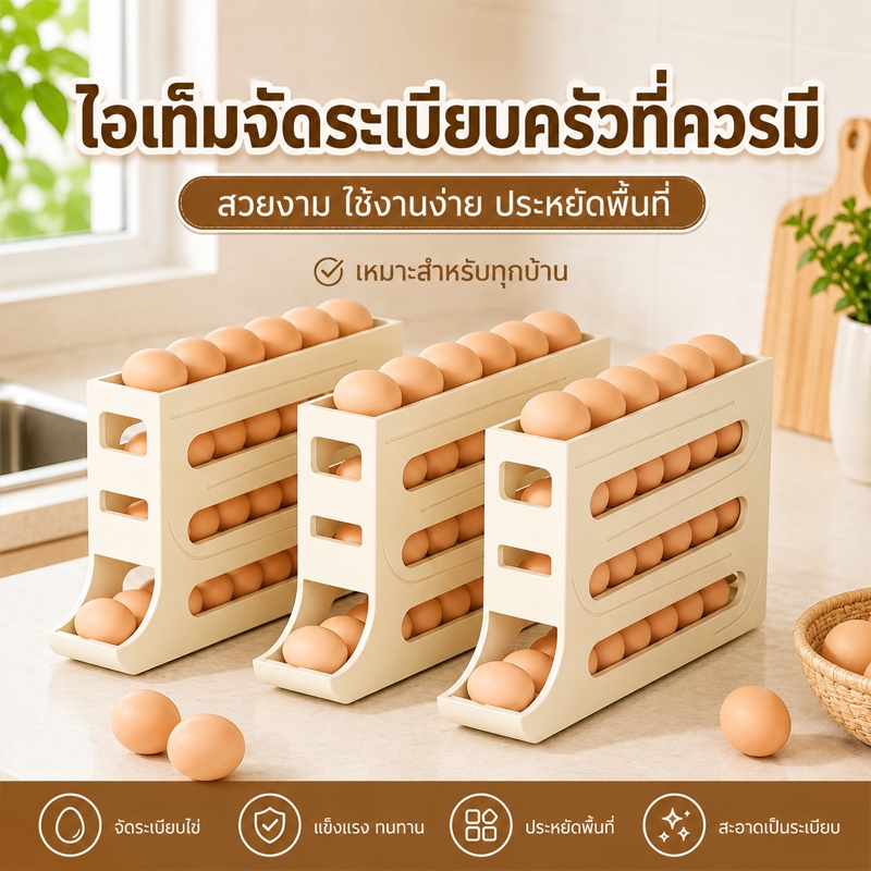 ชั้นเก็บไข่ 4 ชั้น  ที่เก็บไข่ไก่ เอนกประสงค์ แบบเลื่อน ไม่มีการกระแทก ทำจากพลาสติกอย่างดี เก็บได้ 30 ฟอง