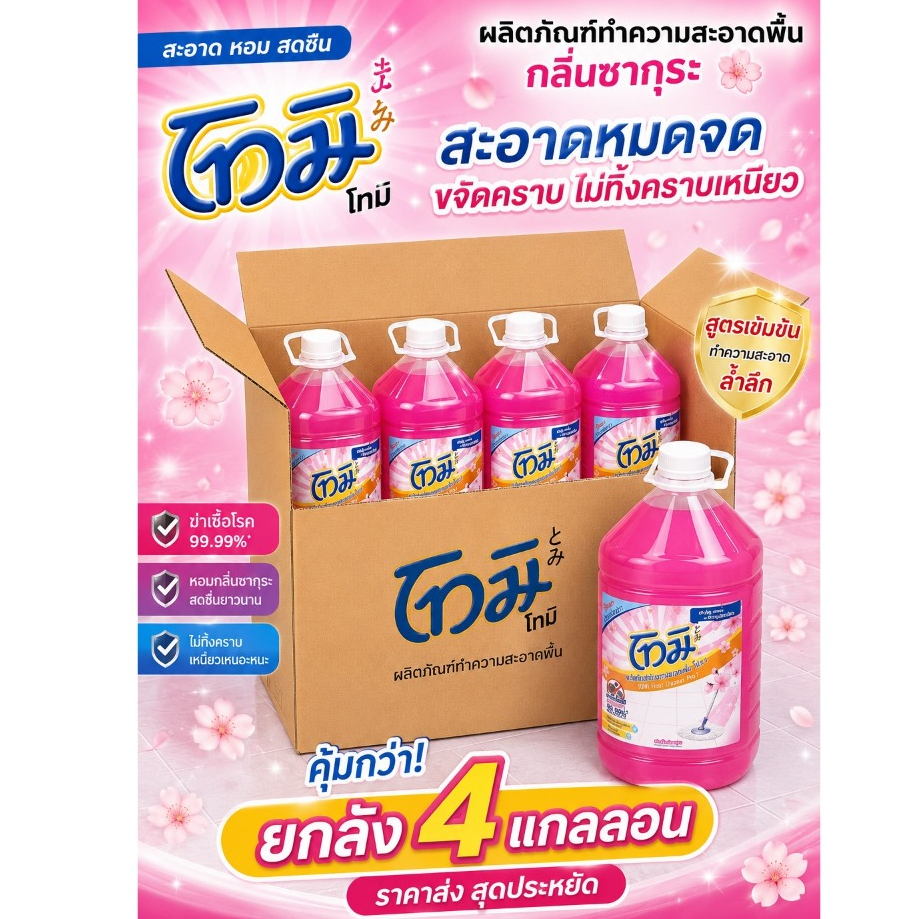 โทมิ น้ำยาถูพื้น TOMI กลิ่นพิงค์ซากุระ ขนาด 5,000 มล.(ยกลัง x 4 แกลลอน)