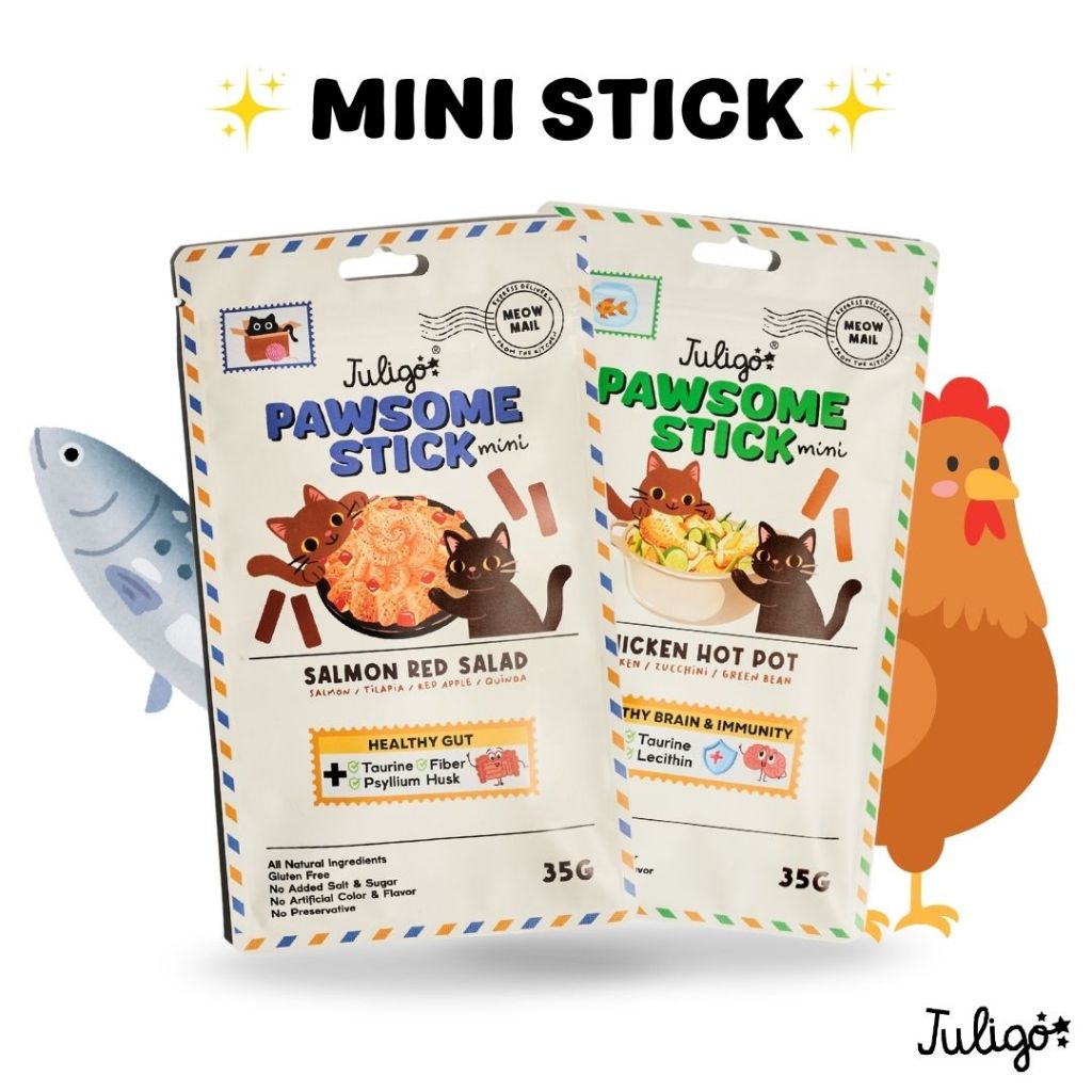 Juligo Pawsome stick แท่งนิ่ม ขนมสติ๊กสำหรับแมว ขนมแมว ไก่ แซลมอน ไม่เค็ม ไม่เกลือ ขนมเพื่อสุขภาพ ธรรมชาติ 100%