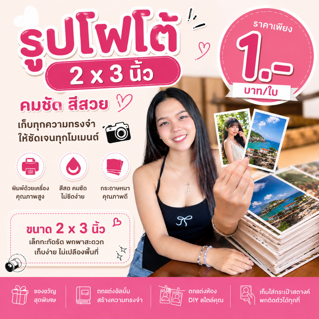 ปริ้นรูป 2x3 นิ้ว เริ่มต้น 1 บาท อัดรูปสีคมชัด พร้อมส่ง