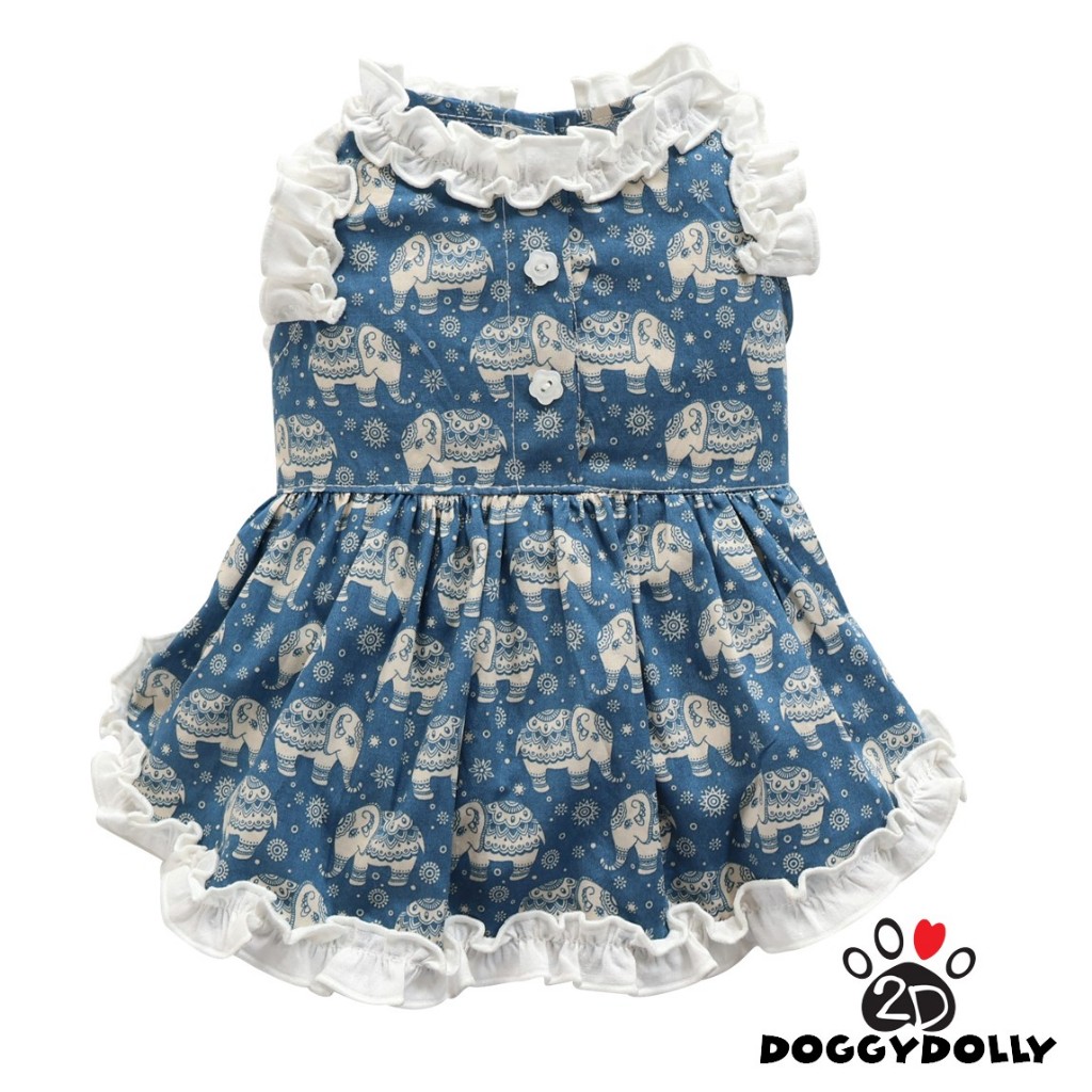 Pet clothes -Doggydolly  เสื้อผ้าแฟชั่น น้องหมาน้องแมว  สัตว์เลี้ยง ชุดกระโปรง สีฟ้าลายช้าง  ลาย D993 ขนาด1-9โล