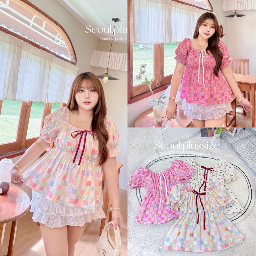 (S) เสื้อแขนตุ๊กตา ผ้าครัชพิมพ์ลาย น่ารักสดใส (อก40-60“) ใส่แมทซ์ง่าย เสื้อผ้าสาวอวบอ้วน พลัสไซส์ ไซส์ใหญ่