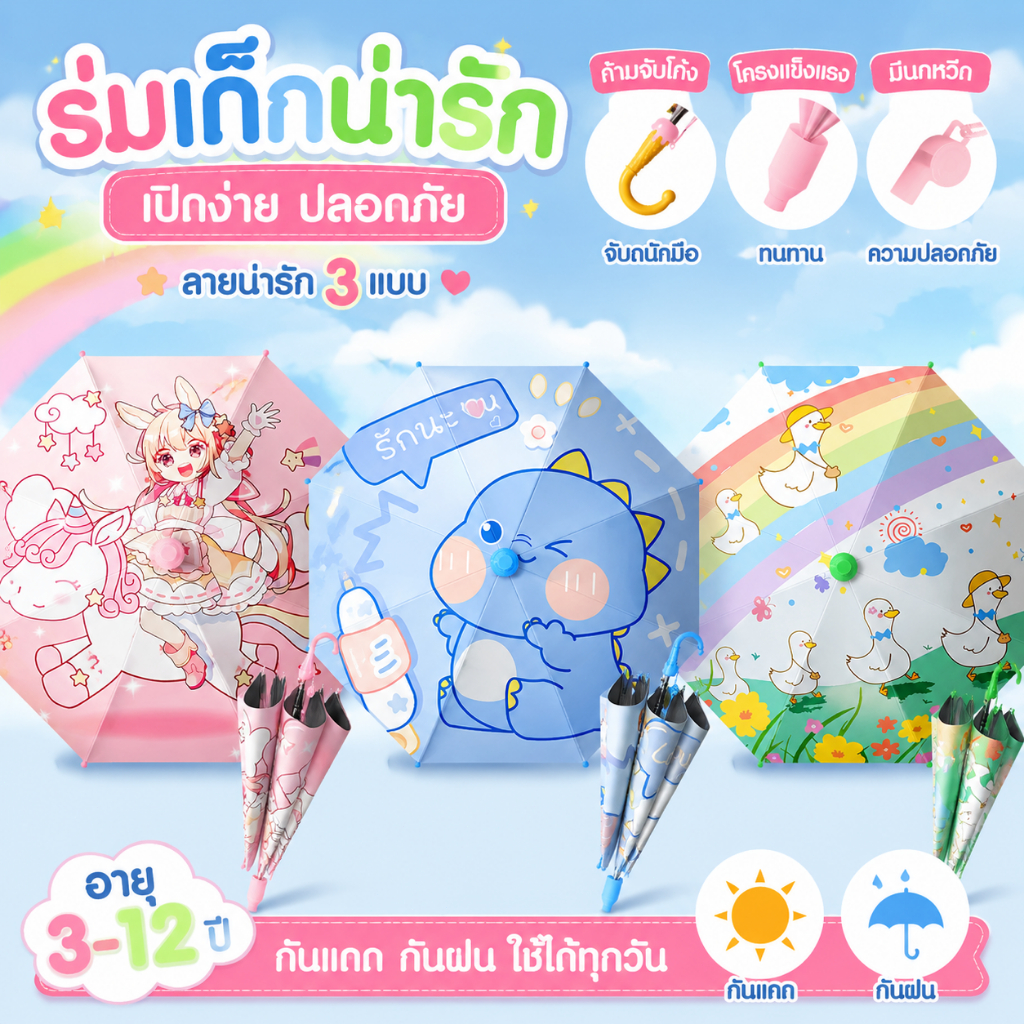 ร่มนักเรียน ร่มกันฝนเด็ก อุปกรณ์กันฝน กันฝนเกันแดด ด้ามยาว มุมโค้งมนป้องกันการแทง ลายการ์ตูนน่ารักๆ