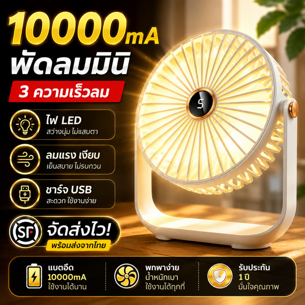ใช้ได้ 64 ชั่วโมง T29 พัดลมพกพา 10000mAh พัดลมตั้งโต๊ะ ขนาดเล็ก ไฟเล็ก เงียบ USB ชาร์จ