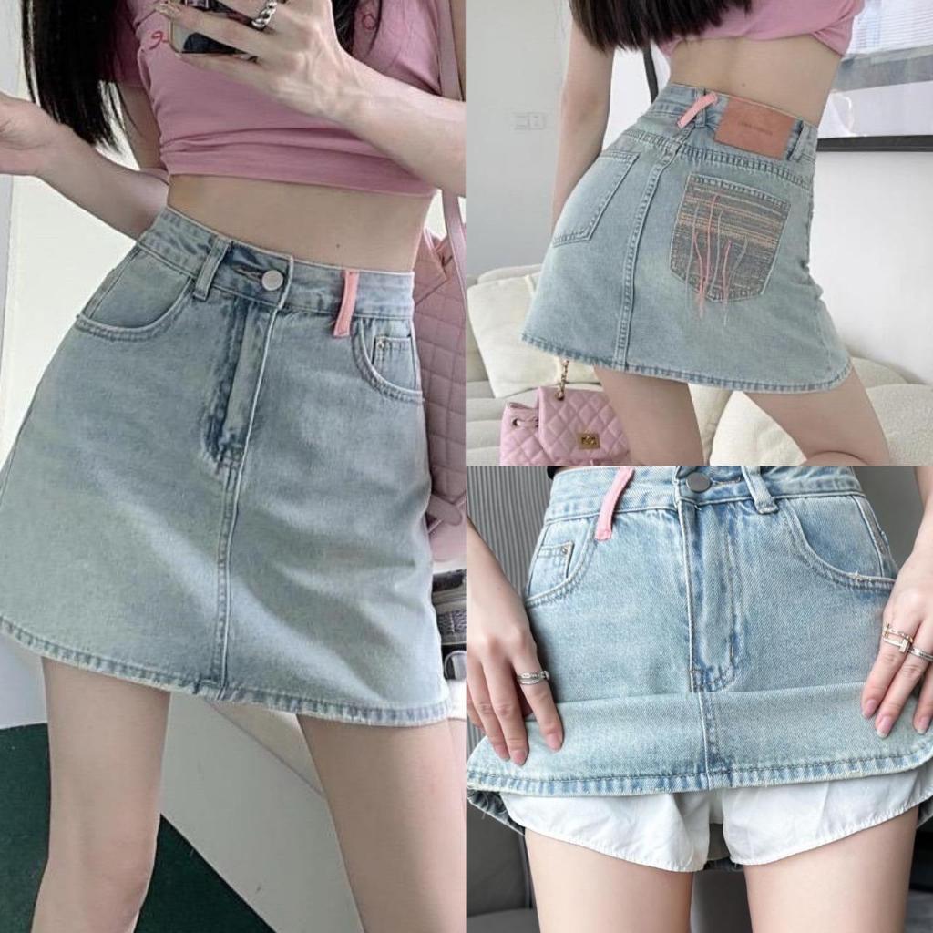 ์NEW SIZE XS-6XL กระโปรงยีนส์สั้นเอวสูงผ้าดีไม่ยืด กระโปรงทรงเอปักด้ายสีชมพูสายหวาน สายแบ๊ว