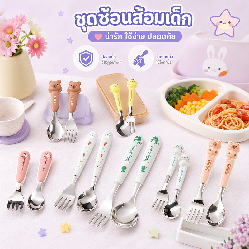 COD เครื่องใช้กินอาหารเด็ก ชุดช้อนส้อมเด็ก สแตนเลส304 แบบพกพา น้ำหนักเบา ช้อนฝึกทานเอง