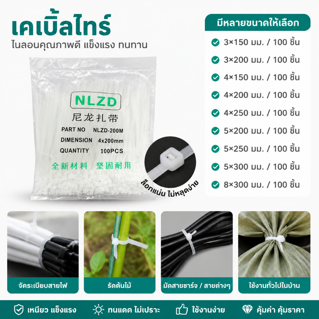 CODสายเคเบิล หลากหลายขนาด แพ็ค 100 ชิ้น  สายรัดไนล่อน