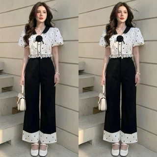 Paris Dot Set ชุดเซตเสื้อขาวคอปกดำลายจุด กางเกงขายาวThealner(ดิอัลเนอร์) AN567