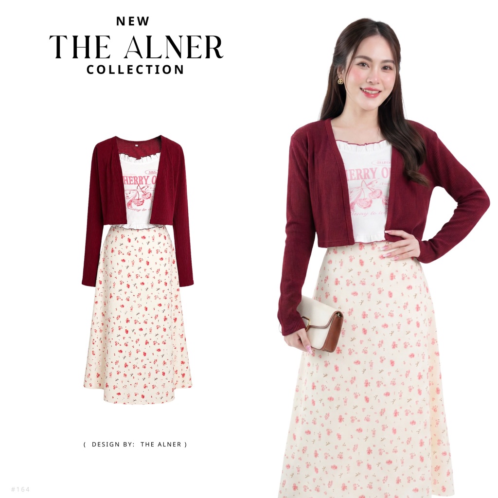 Thealner-AN164 (เซตเสื้อ3ชิ้น+เสื้อคลุมแดงแขนยาว+กระโปรงครีมลายดอก)