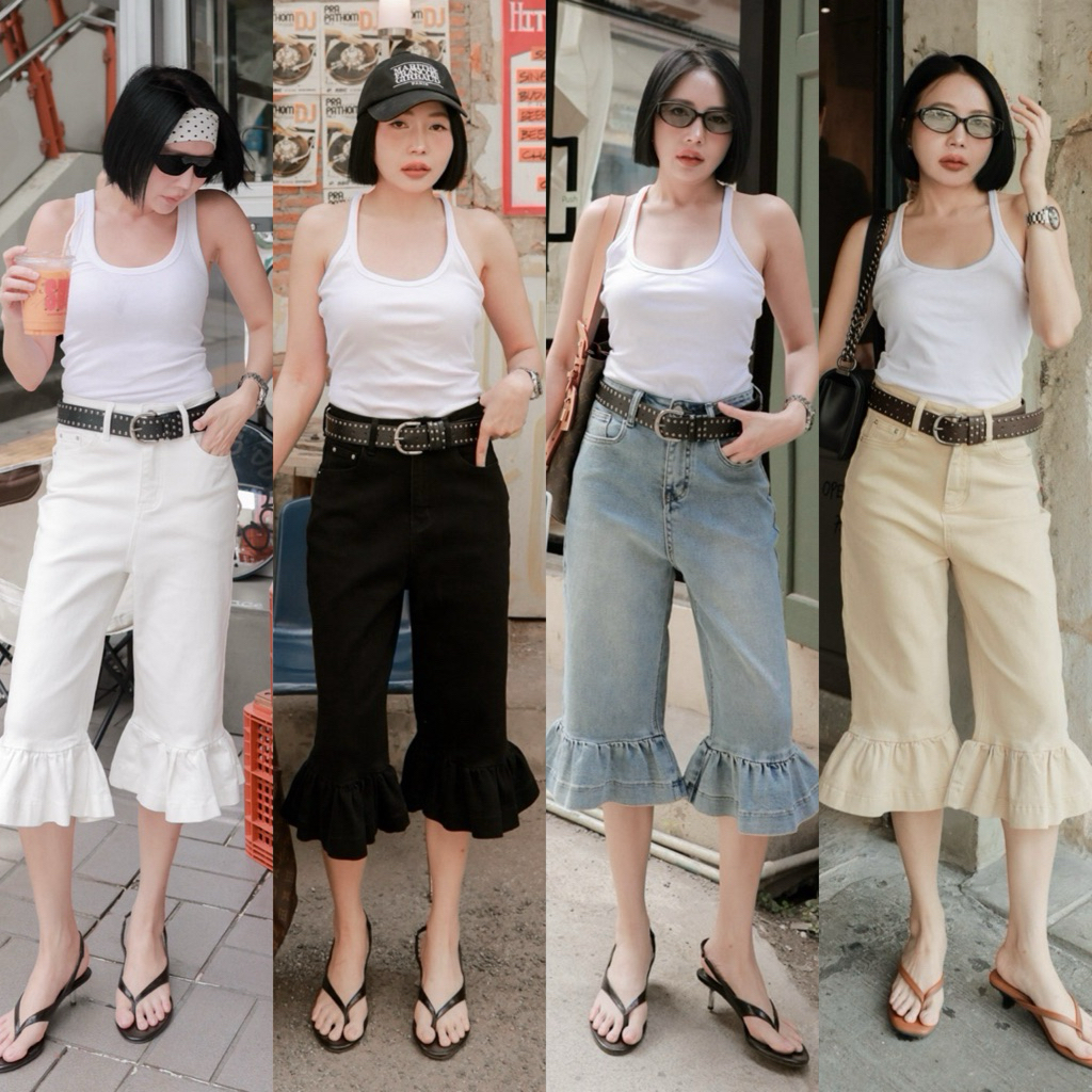 (พรีเฉพาะยีนส์ S) Ruffled Cropped Jeans กางเกงยีนส์ยืด5ส่วนแต่งชายระบายรุ่น A707 TAG DARIM 🇰🇷
