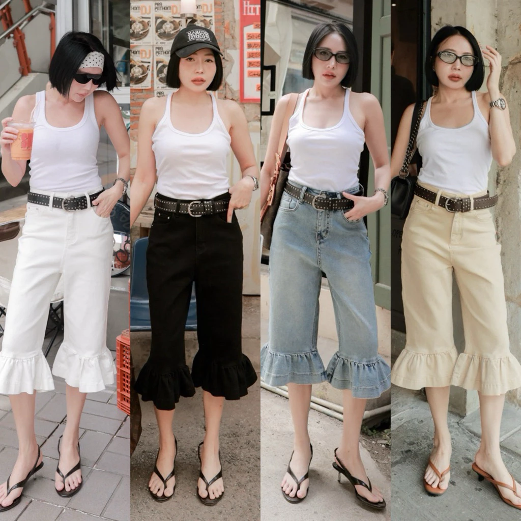 (พร้อมส่ง) Ruffled Cropped Jeans กางเกงยีนส์ยืด5ส่วนแต่งชายระบายรุ่น A707 TAG DARIM 🇰🇷