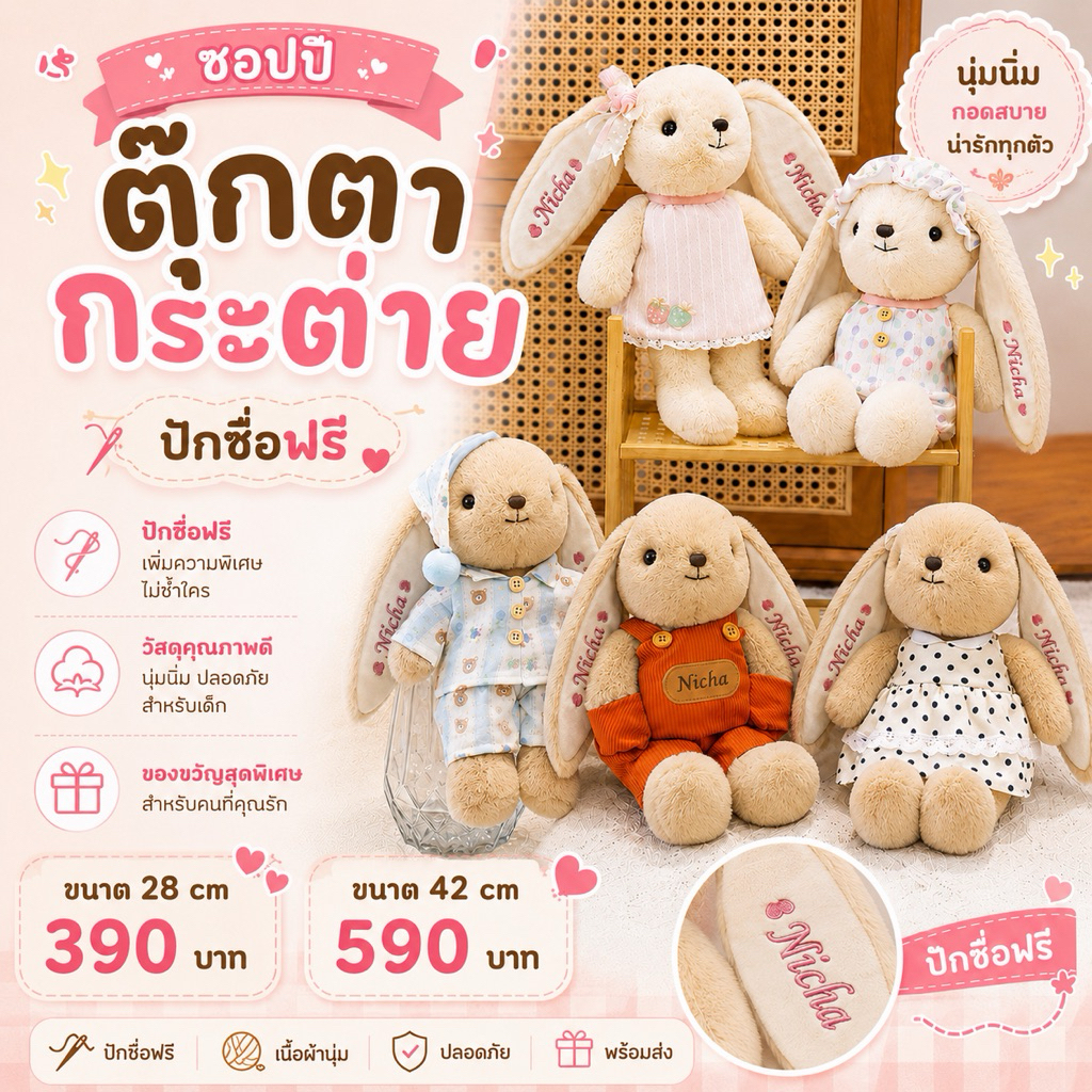 ตุ๊กตากระต่ายปักชื่อปักชื่อฟรีราคารวมปักแล้วแจ้งชื่อทางแชท(GA584)