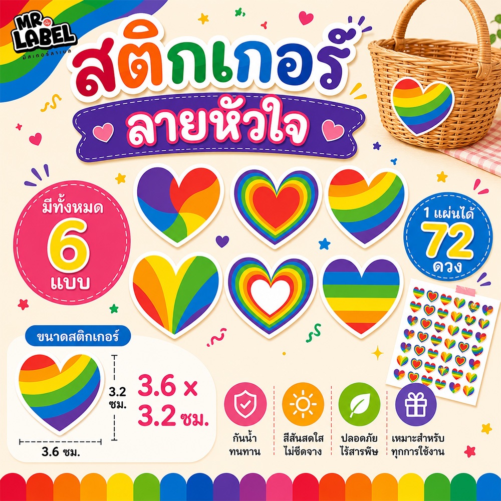 พร้อมส่ง สติ๊กเกอร์ไดคัทลายหัวใจ Pride Heart 6 แบบ สติกเกอร์กันน้ำ แปะขวด แปะแก้วน้ำ สติกเกอร์ตกแต่ง