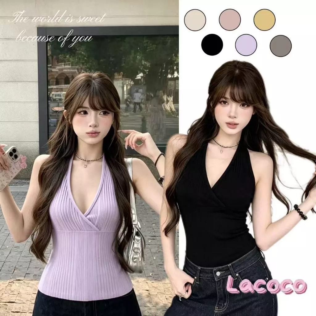 Lacoco🍓คลังสินค้าพร้อม🍓เสื้อคอวีไขว้ถักขอบแบบมีเชือกผูก เซ็กซี่และเข้ารูป