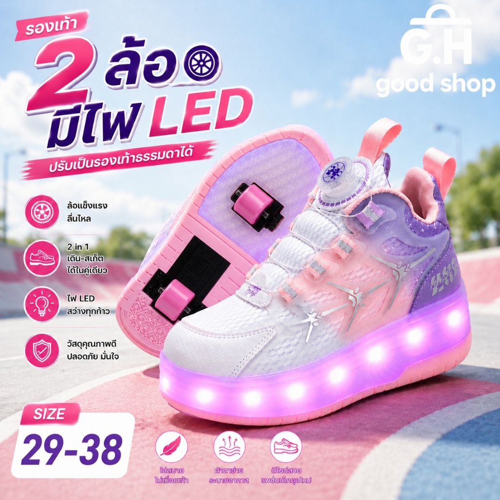 รองเท้าล้อเด็กสองล้อ LED กระพริบ หดได้ ผ้าใบ Unisex ไซส์ 29-38 สาวเด็กใช้ได้ทุกคน มั่นคงปลอดภัย ใช้งานง่าย
