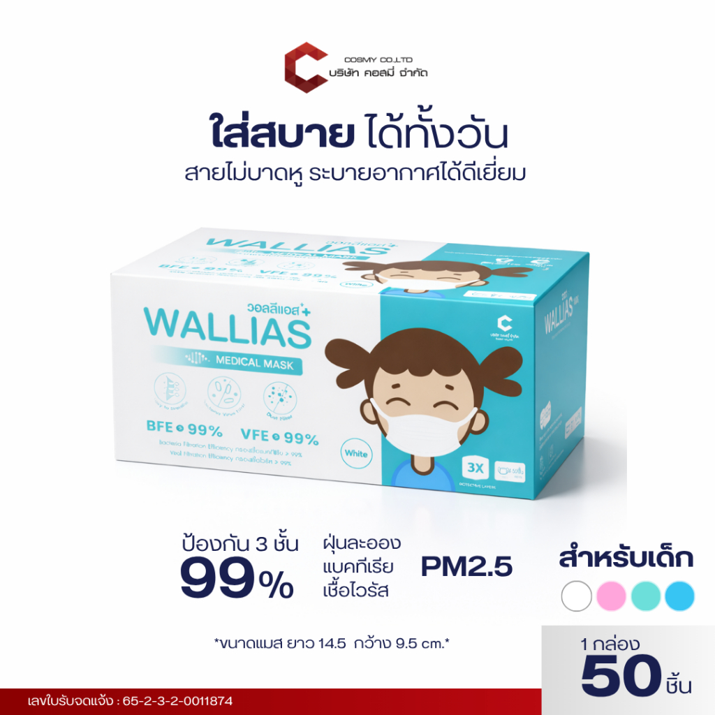 Wallias หน้ากากอนามัยเด็ก Mask KID ยี่ห้อ Wallias BFE>99% หน้ากากอนามัย หนา 3ชั้นของเด็ก พร้อมจัดส่ง