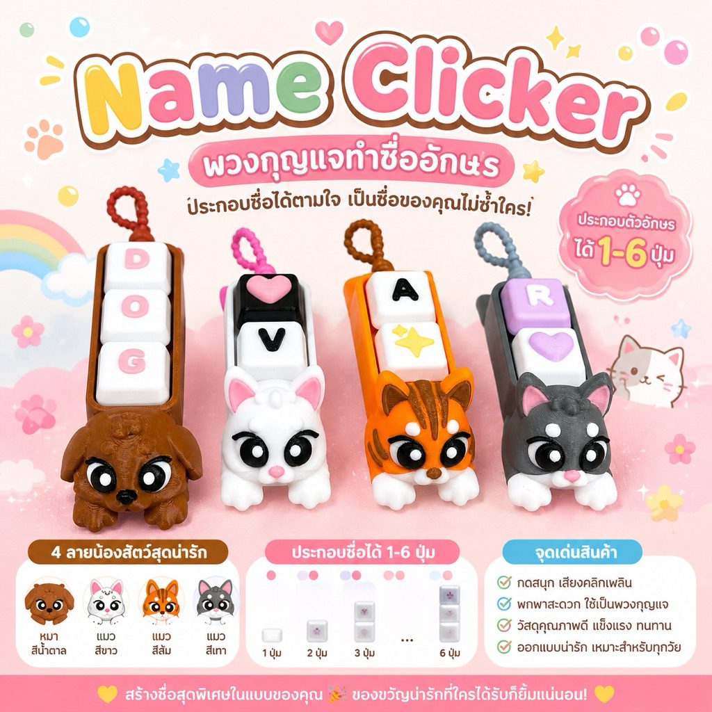 พวงกุญแจชื่อ Cat Keycap สีอักษรแจ้งผ่านข้อความ ใส่สวิสบลูเสียงคลิก