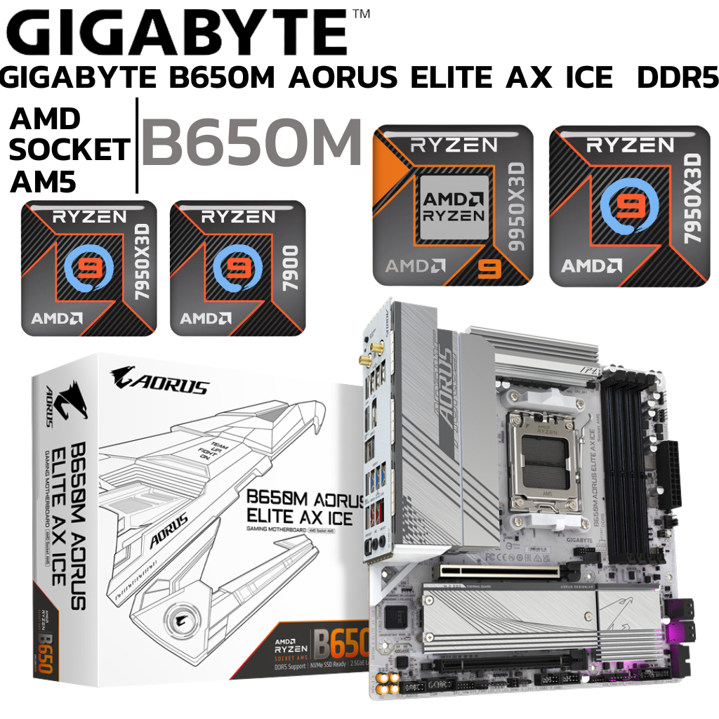 MAINBOARD (เมนบอร์ด) GIGABYTE B650M AORUS ELITE AX ICE (SOCKET AM5 DDR5 MICRO-ATX)