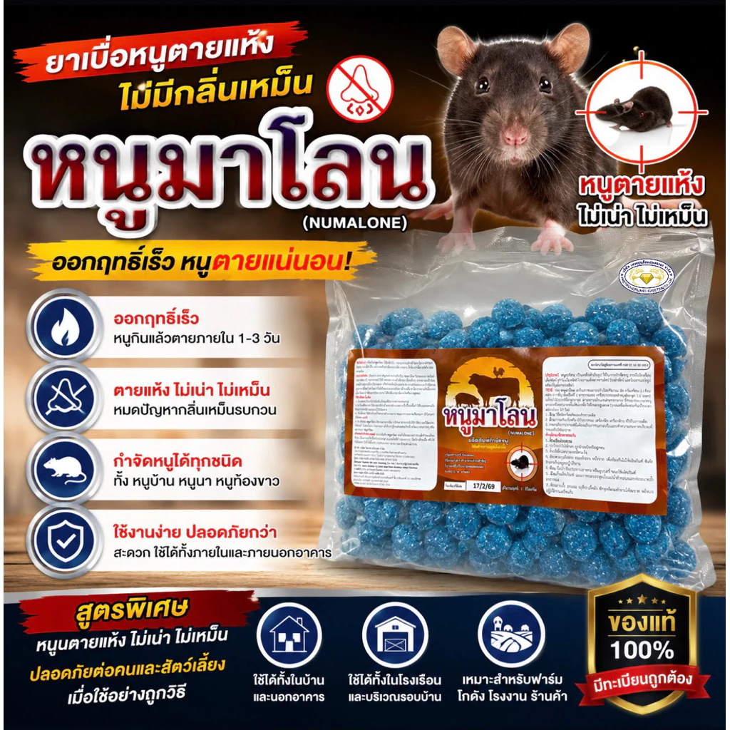 หนูมาโลน ยาเบื่อหนูตายแห้ง ไม่มีกลิ่นเหม็น ขนาด 1 กิโลกรัม