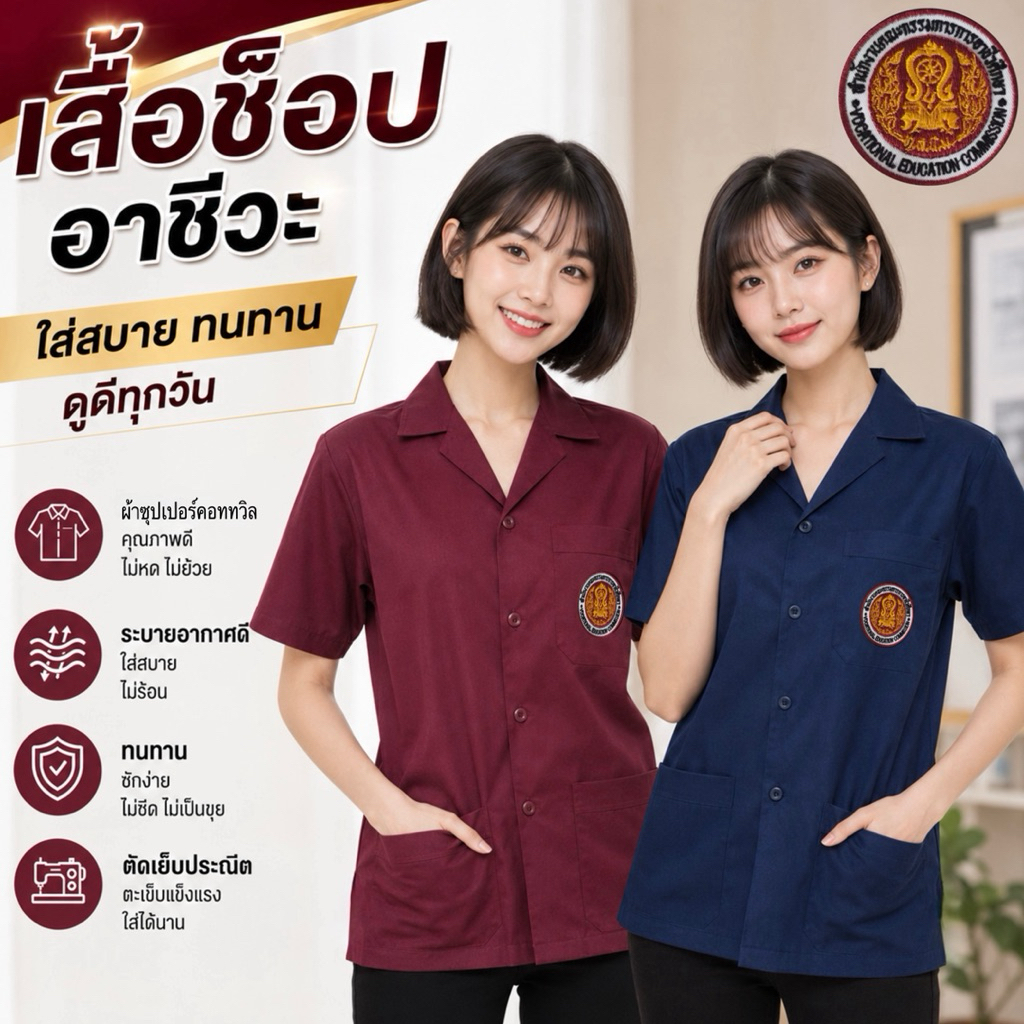 เสื้อช็อปอาชีวะ สอศ. สีกรมท่า สีเลือดหมู ผู้หญิง แบบ3กระเป๋า ผ้าคอมทวิวเกรดA