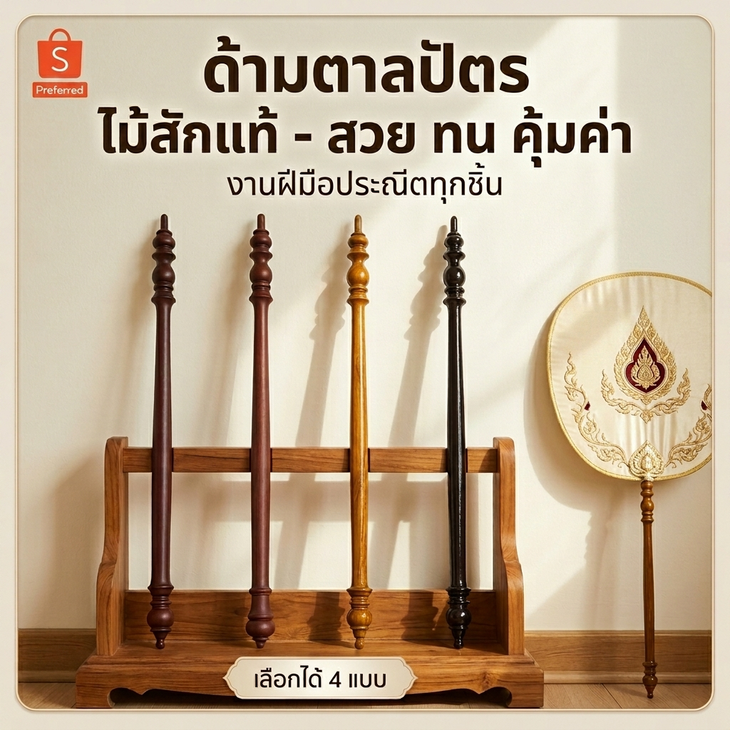 ด้ามตาลปัตรไม้สักแท้ 100% | ขาตั้งตาลปัตร | งานกลึงประณีต แข็งแรงทนทาน | อุปกรณ์สำหรับพระสงฆ์
