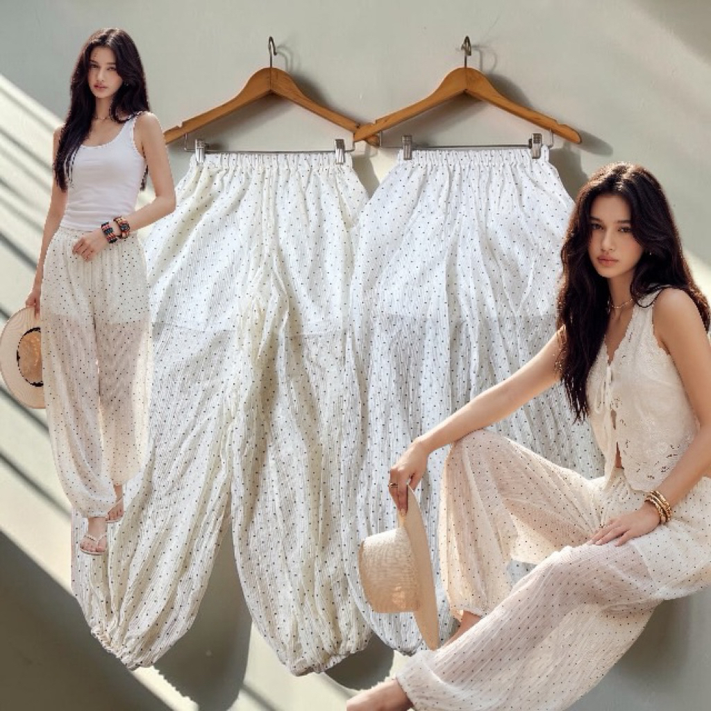 Gang_jeans(Mo)พร้อมส่ง กางเกงจินนี่ลายจุดจั้มระบายขา งานผ้ายับ สวย มากมีซับในขาสั้นด้านใน