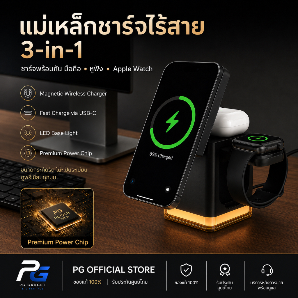 WESDAR Magnetic Wireless Charger 3-in-1 (สีดำ) แท่นชาร์จไร้สาย โทรศัพท์ หูฟัง นาฬิกา มีไฟ เปิด-ปิด ได้ ครบจบในชิ้นเดียว