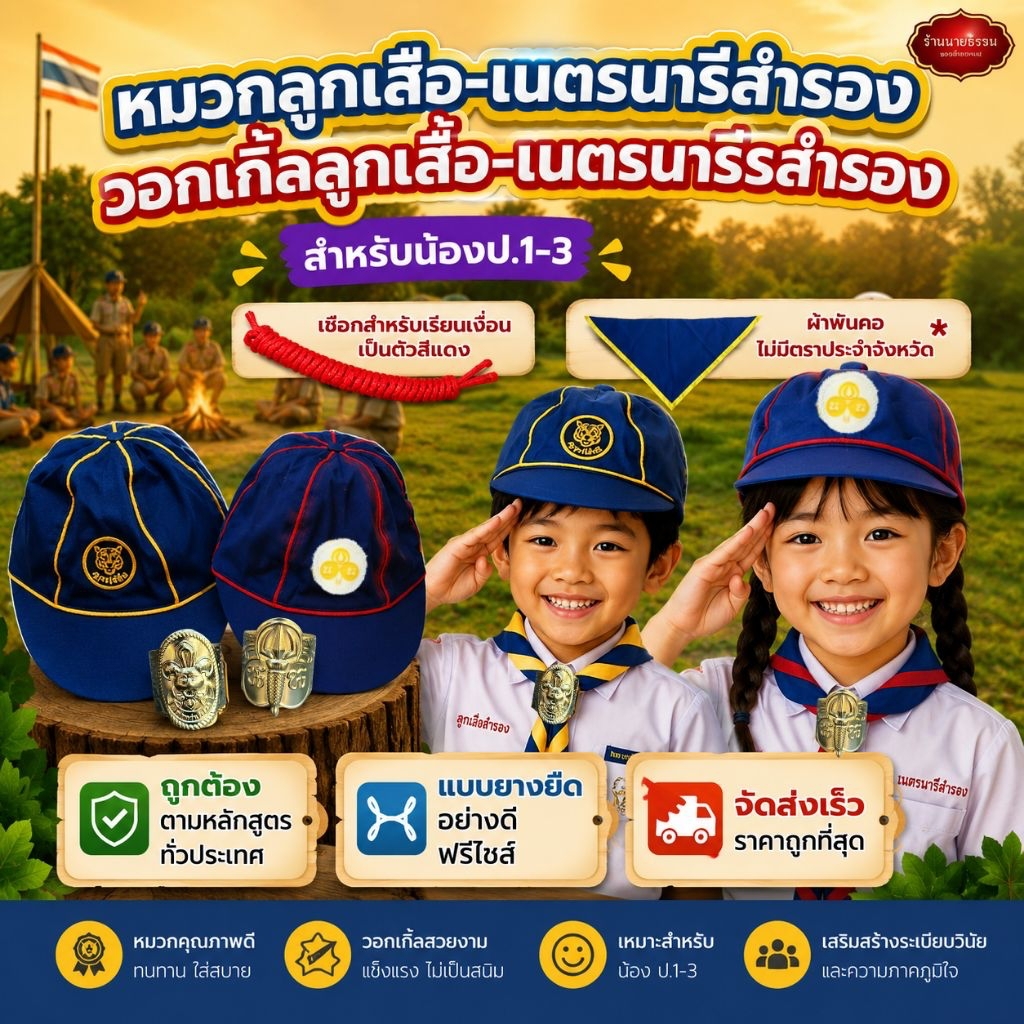 หมวกลูกเสือสำรอง หมวกเนตรนารีสำรอง แบบยางยืดอย่างดี วอกเกิ้ลลูกเสือ+เนตรนารี สำรอง เชือกลูกเสือ ผลิตในไทย พร้อมส่งจากไทย