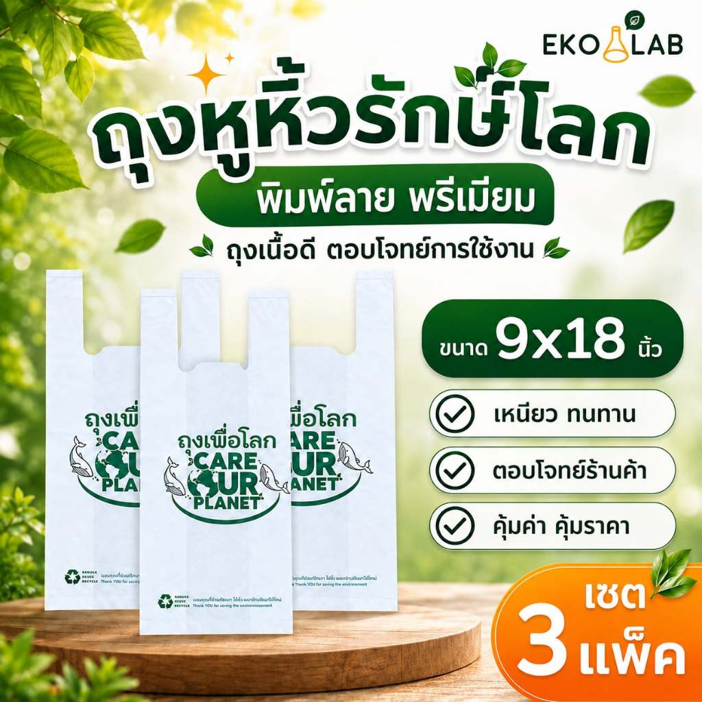 เซต 3 แพ็ค! ถุงหูหิ้ว "เพื่อโลก" 9x18 นิ้ว ถุงหูหิ้วรักษ์โลก ถุงหูหิ้วพิมพ์ลาย ถุงใส่ขนม ถุงใส่กล่องอาหาร