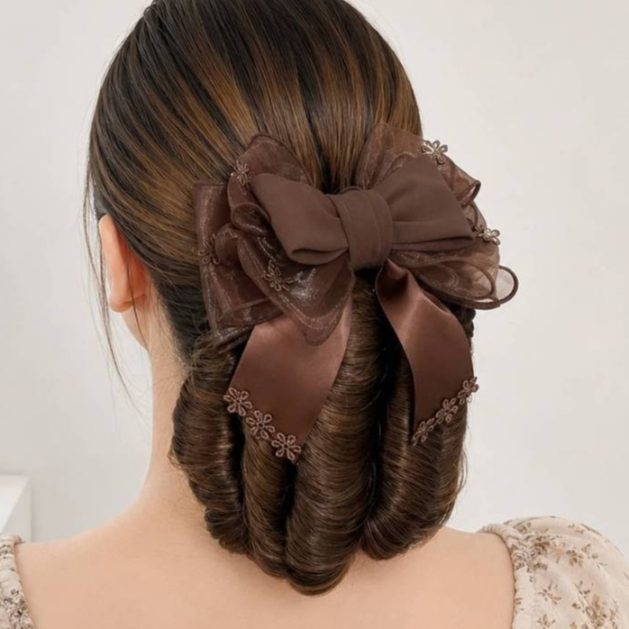 เน็ตติดผมสีน้ำตาล (มีแฮร์พีชมาในตัว) งานสุดปราณีต Hair net เน็ตคลุมผม เน็ตผมพยาบาล โบว์สีน้ำตาล