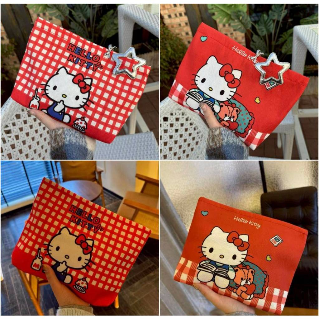 กระเป๋าใส่เครื่องสำอางค์ Hello Kitty (ไม่มีดาวห้อย) มีทั้งหมด 2 ลาย ขนาด 26×17×5 cm มีซิปปิดด้านบน (JR)