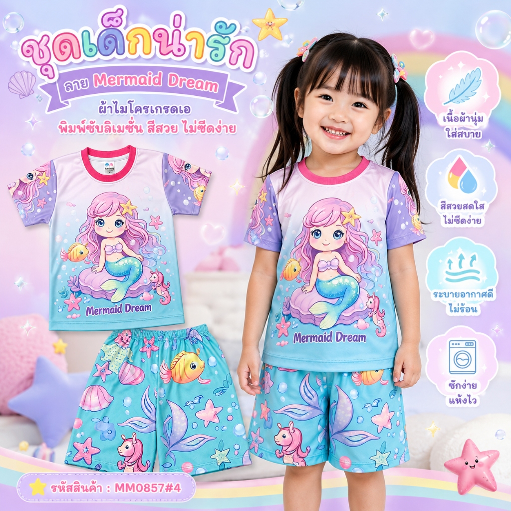 (MM0857#4) เสื้อผ้าเด็ก เสื้อแขนสั้น+กางเกงขาสั้น ลายเจ้าหญิงเงือก เมอร์เมด ผ้าไมโครเกรดA ชุดเด็กแฟชั่น ลายการ์ตูน