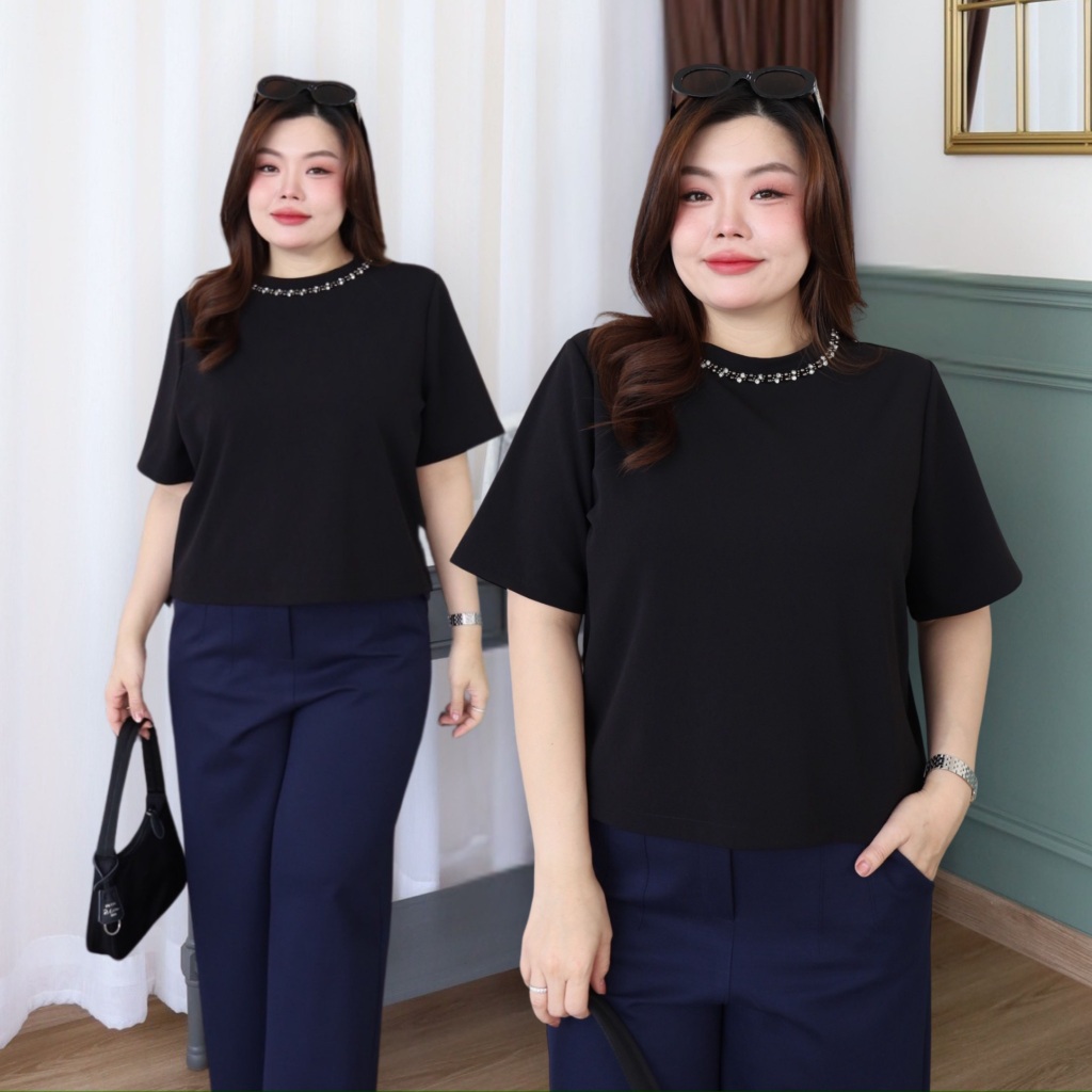 เสื้อคอกลม แต่งเพชร สาวอวบ ผ้า Poly เนื้อดี คอเสื้อแต่งลูกปัด+เพชร ทรงครอป สวยเรียบหรู เสื้อครอปพลัสไซส์ S400-0227