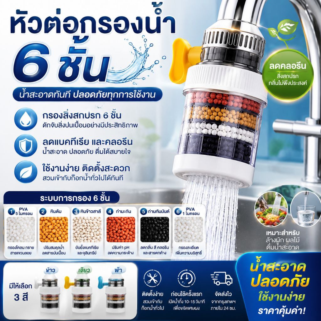 หัวต่อกรองน้ำ 6 ชั้น หัวกรองน้ำติดก๊อก กรองคลอรีน ลดสิ่งสกปรก ใช้ได้กับก๊อกน้ำทั่วไ