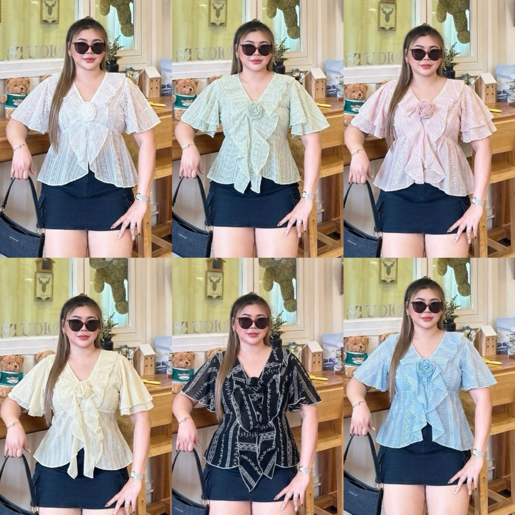เสื้อแต่งกุหลาบชายระบายผ้าโรซี่ อก38-46 ยาว25 เสื้ออสาวอวบ