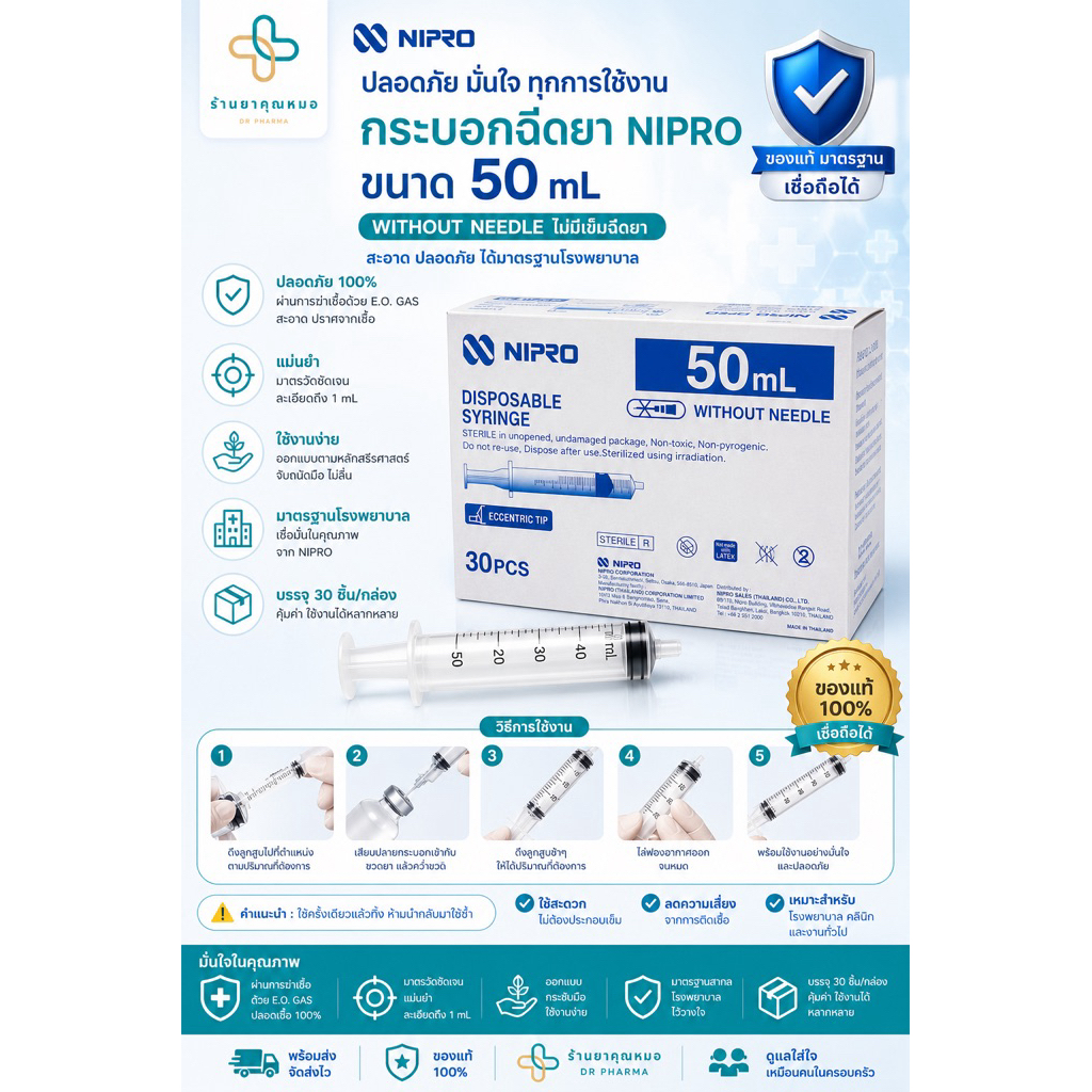 กระบอกฉีดยา50ml Nipro ปราศจากสารพิษ ใช้แล้วทิ้ง